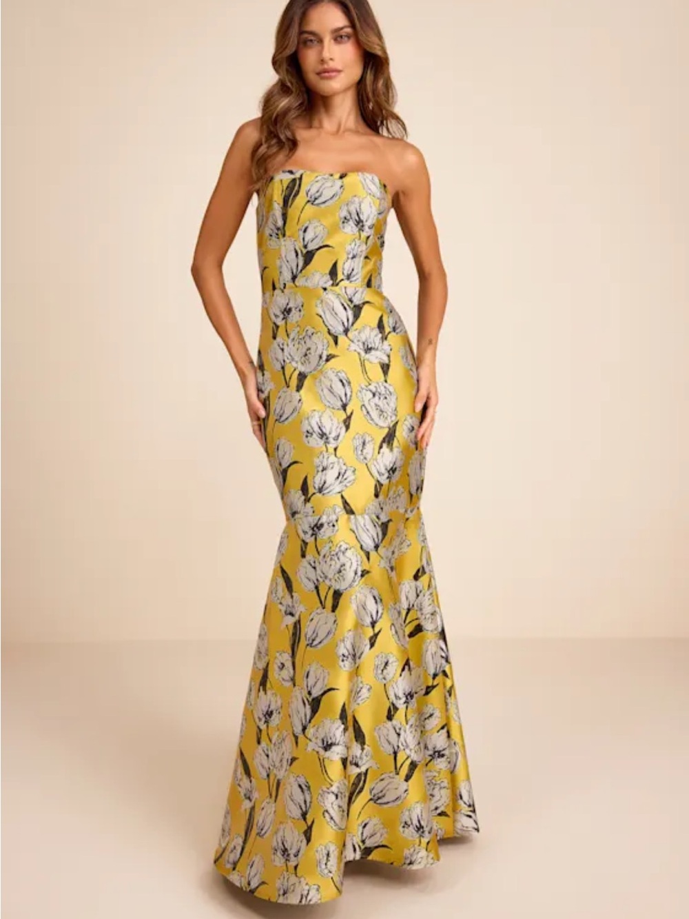 Lulus Gowning Around Yellow Floral Jacquard Strapless Maxi Dress